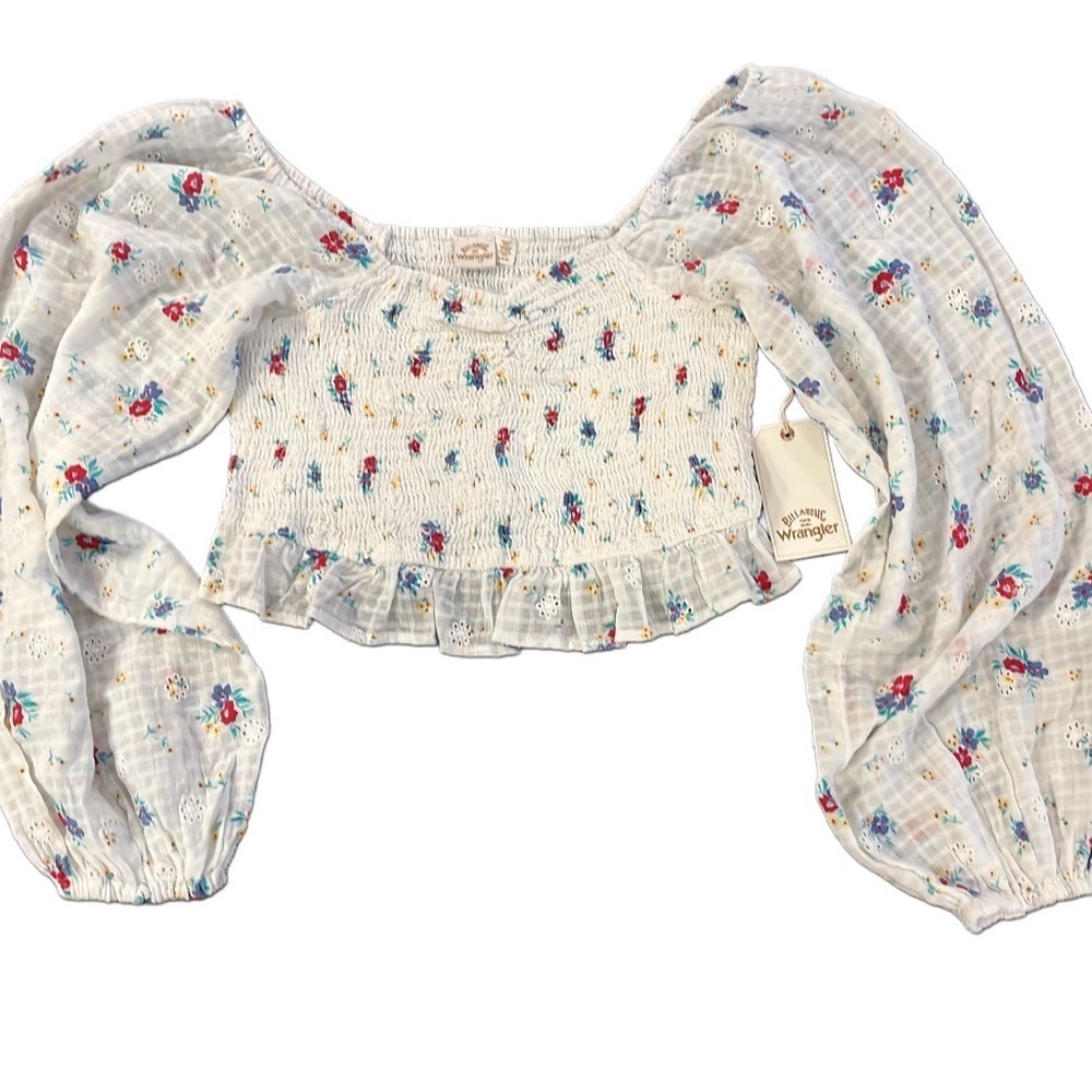 Billabong Wrangler White Floral Smocked Crop Top Size L NWT